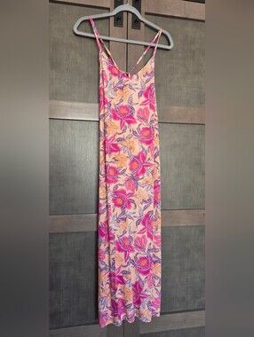 Old Navy Floral Maxi Dress Women's Small Pink Tropical Rayon Strappy Summer
